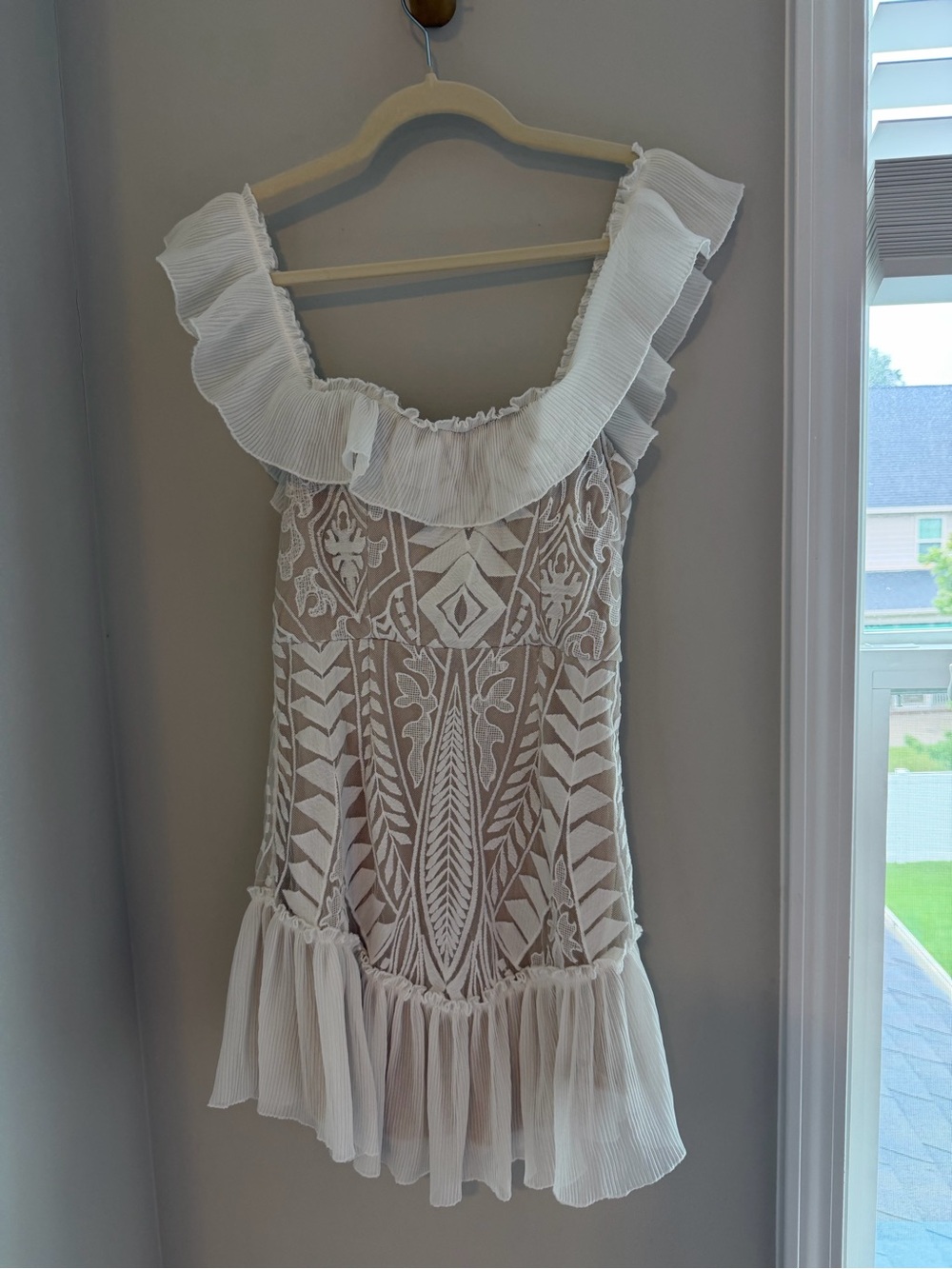 White Embroidered Ruffle-Trim Wedding Dress